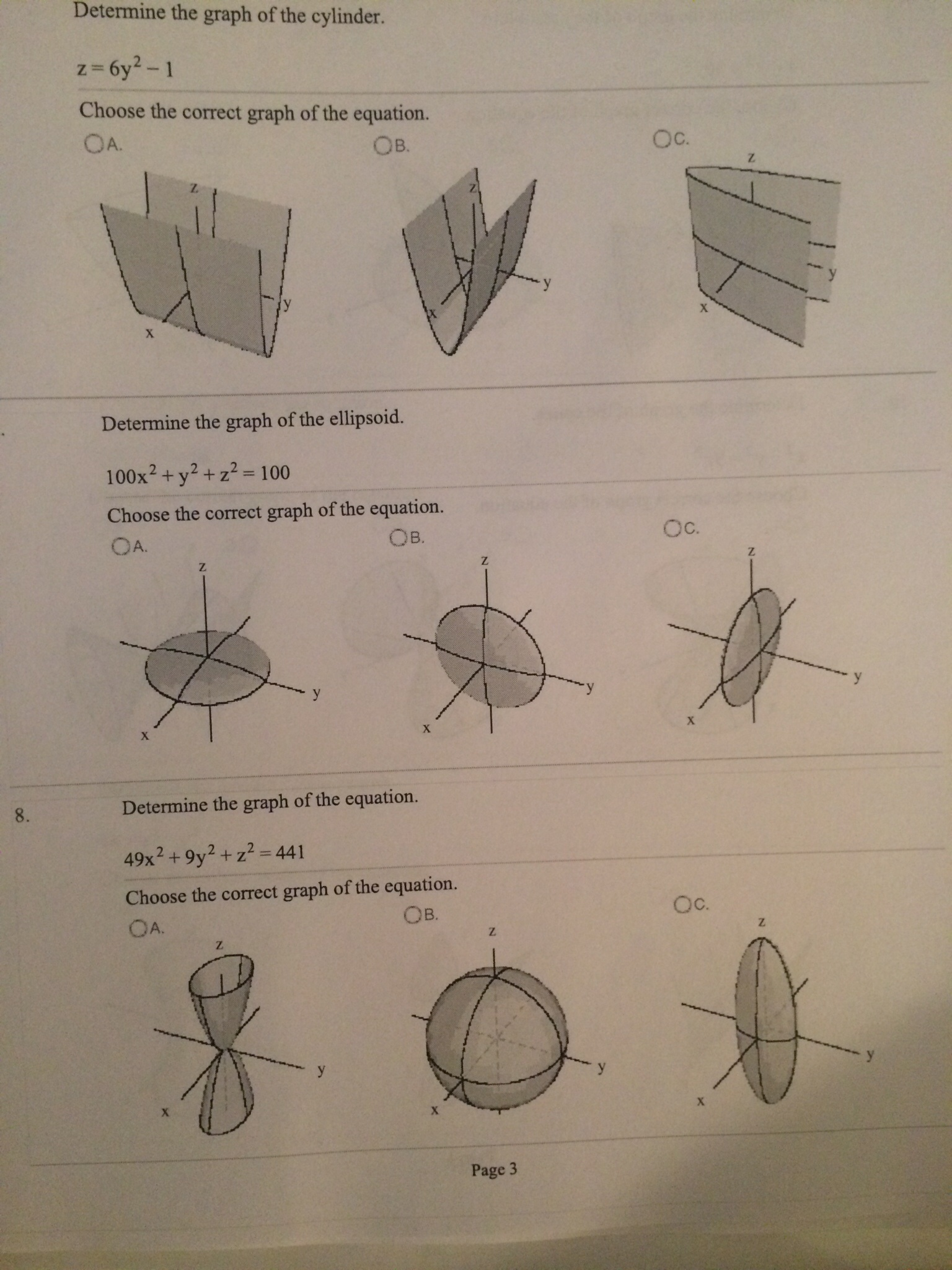 Solved Determine The Graph Of The Cylinder Z 6y2 1 Choose Chegg Com