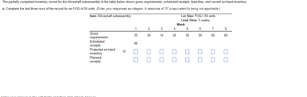 The partially completed inventory record for the driveshaft subassembly in the table below shows gross requirements, scheduled receipts, lead time, and current on-hand inventory. a. Complete the last three rows of the record for an FOQ of 55 units. (Enter your responses as integers. A response of 0iseuivalent to being not applicable.) Item: Driveshaft subassembly Lot Size: FOO 55 units Lead Time: 3 weeks Week Gross requirements Scheduled receipts Projected on-hand inventory Planned 30 15 85