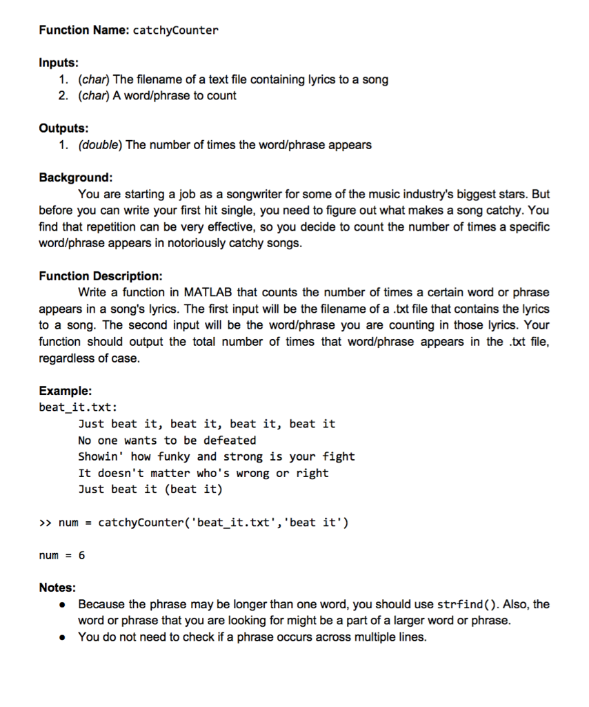 Solved Function Name: catchyCounter Inputs: 29. (char) The  Chegg.com