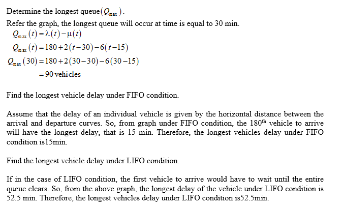 Determine the longest queue (Q a Refer the graph, the longest queue will occur at time is equal to 30 min. (t)-180+2(t-30)-6(