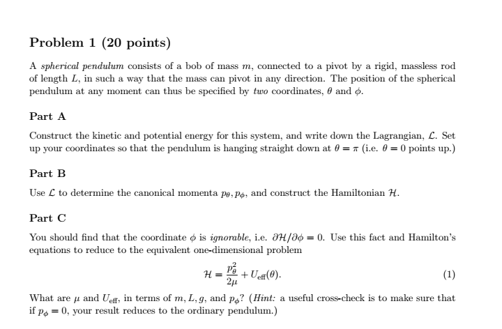 Solved Problem 1 Points A Spherical Pendulum Consist Chegg Com