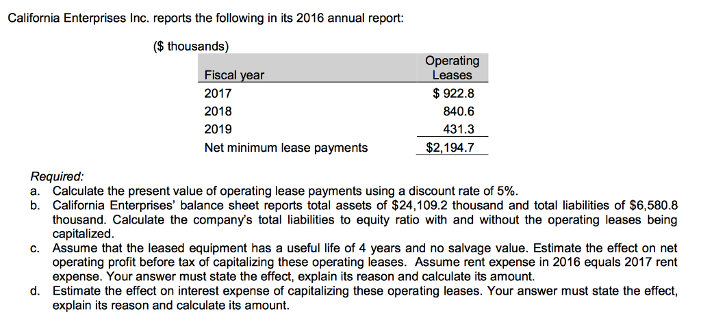 Estimate Lease Payment >> Solved California Enterprises Inc Reports The Following Estimate Lease Payment >> Solved California Enterprises Inc Reports The Following