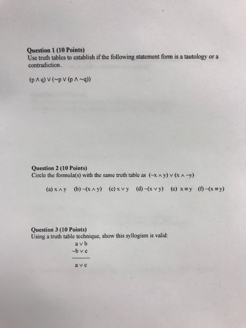 Question 1 10 Points Use Truth Tables To Establish Chegg Com