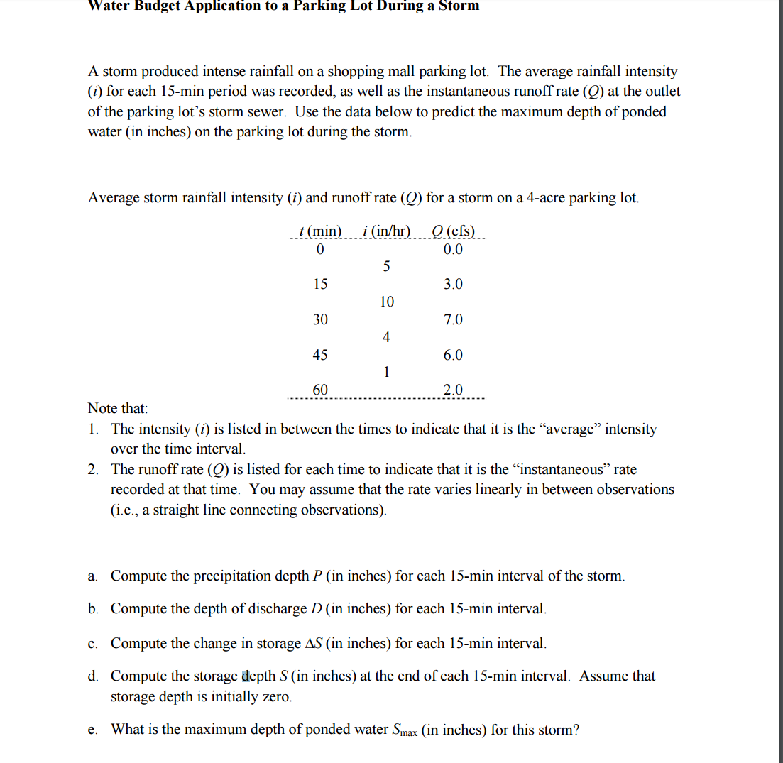 Solved Water Budget Application To A Parking Lot During A