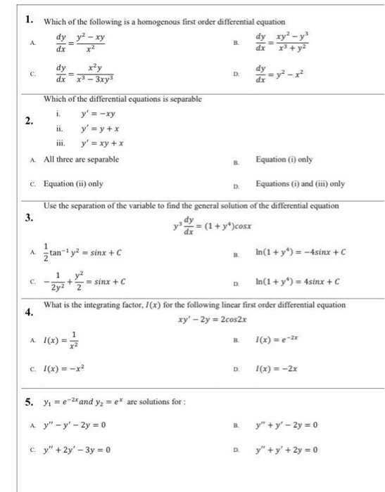 Solved Which Of The Following Is A Homogenous First Order Chegg Com