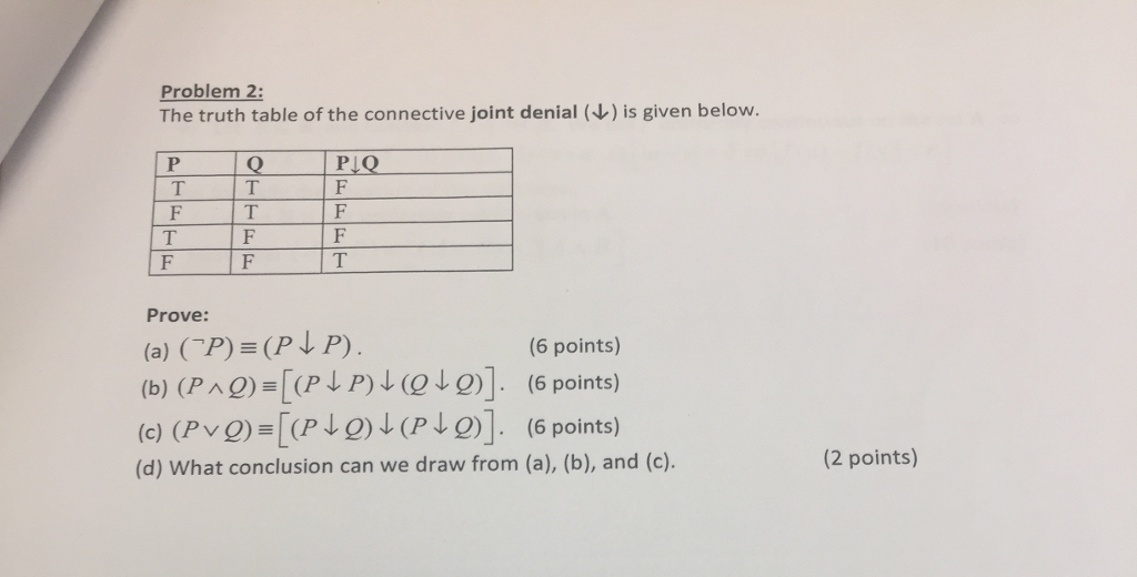 Solved Problem 2 The Truth Table Of The Connective Joint Chegg Com