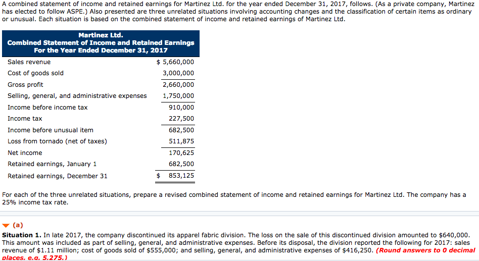 A combined statement of income and retained earnings for Martinez Ltd. for the year ended December 31, 2017, follows. (As a private company, Martinez has elected to follow ASPE.) Also presented are three unrelated situations involving accounting changes and the classification of certain items as ordinary or unusual. Each situation is based on the combined statement of income and retained earnings of Martinez Ltd Martinez Ltd. Combined Statement of Income and Retained Earnings For the Year Ended December 31, 2017 Sales revenue Cost of goods sold Gross profit Selling, general, and administrative expenses Income before income tax Income tax Income before unusual item Loss from tornado (net of taxes) Net income Retained earnings, January 1 Retained earnings, December 31 $5,660,000 3,000,000 2,660,000 1,750,000 910,000 227,500 682,500 511,875 170,625 682,500 $ 853,125 For each of the three unrelated situations, prepare a revised combined statement of income and retained earnings for Martinez Ltd. The company has a 25% income tax rate ▼ (a) Situation 1. In late 2017, the company discontinued its apparel fabric division. The loss on the sale of this discontinued division amounted to $640,000 This amount was included as part of selling, general, and administrative expenses. Before its disposal, the division reported the following for 2017: sales revenue of $1.11 million; cost of goods sold of $555,000; and selling, general, and administrative expenses of $416,250. (Round answers to 0 decimal places, e.a. 5.275.
