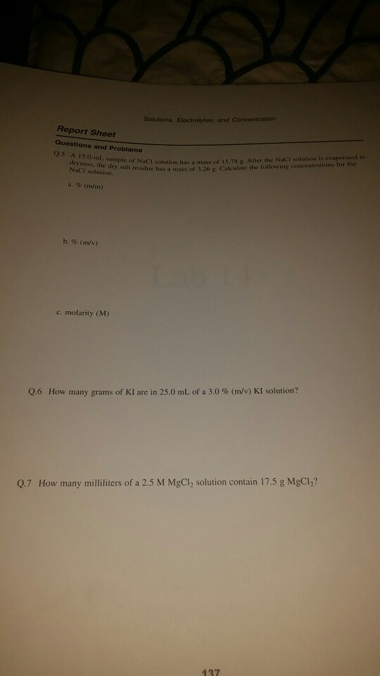 Solved A 15 0 Ml Sample Of Nacl Solution Has Mu Mass Of 1 Chegg Com