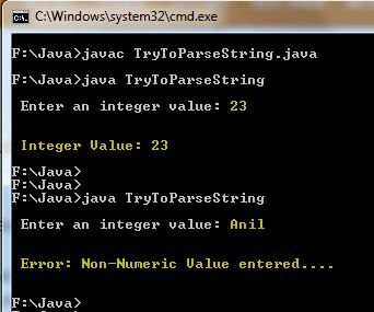 C:Windows system321cmd.exe FJava javac TryToParseString-java F:\Java>java TryToParseString Enter an integer value: 23 Integer