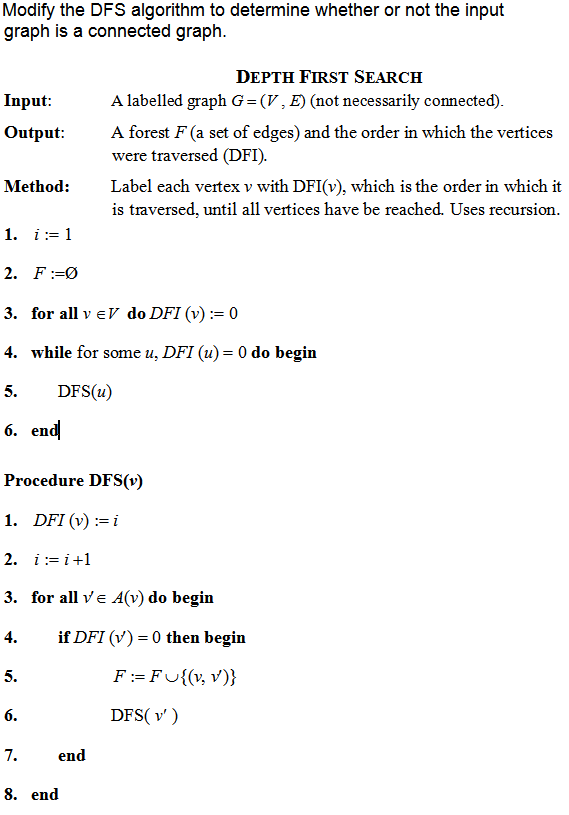Modify the DFs algorithm to determine whether or not the input graph is a connected graph DEPTH FIRST SEARCH A labelled graph G = (V , E) (not necessarily connected) were traversed (DFI). is traversed, until all vertices have be reached. Uses recursion Input Output A forest F (a set of edges) and the order in which the vertices Method: Label each vertex v with DFI(v), which is the order in which it 3. for all v eV do DFI (v) := 0 4. while for some u, DFI (u)- 0 do begiin 5.DFS(u) 6. en Procedure DFS(v) 1. DFI (v):-i 3. for all ve A(v) do begin 4.if DFI (V) -0 then begin DFS(v) 7. end 8. end