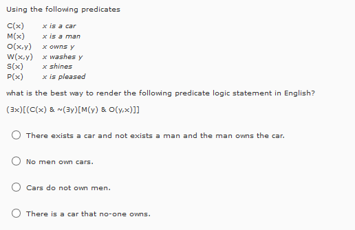 Solved Using The Following Predicates C X X Is A Car M X Chegg Com