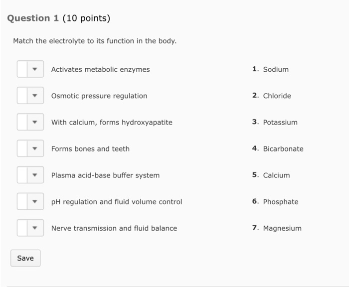 Solved Match The Electrolyte To Its Function In The Body Chegg Com