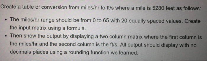 Solved Create a table of conversion from miles/hr to ft/s