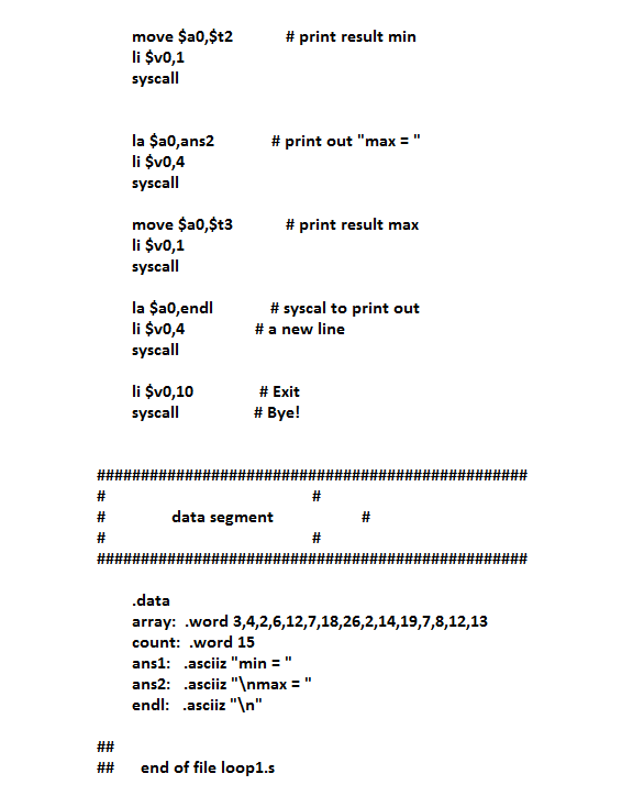 Question & Answer: Complete the SPIM assembly language program loop1.s...... 2