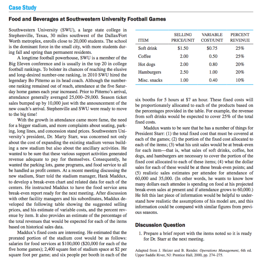 Case Study Food And Beverages At Southwestern Chegg 