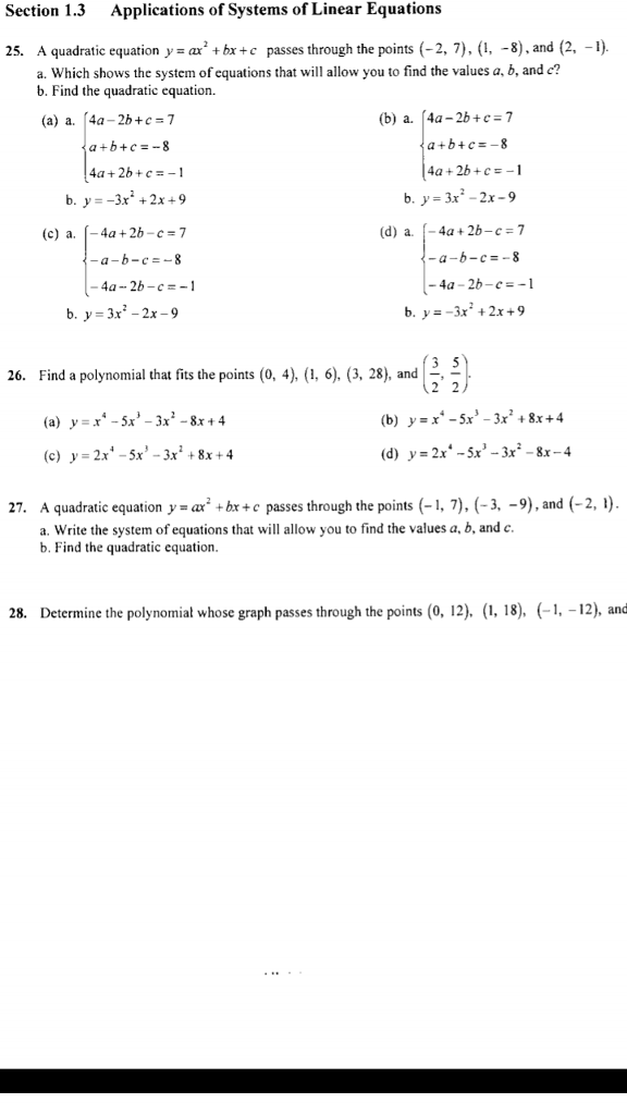 Solved Quadratic Equation Y Ax 2 Bx C Passes Throug Chegg Com