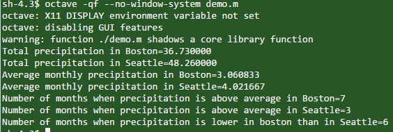 sh-4.3$ octave -qf --no-window-system demo.m octave: X11 DISPLAY environment variable not set octave: disabling warning: func