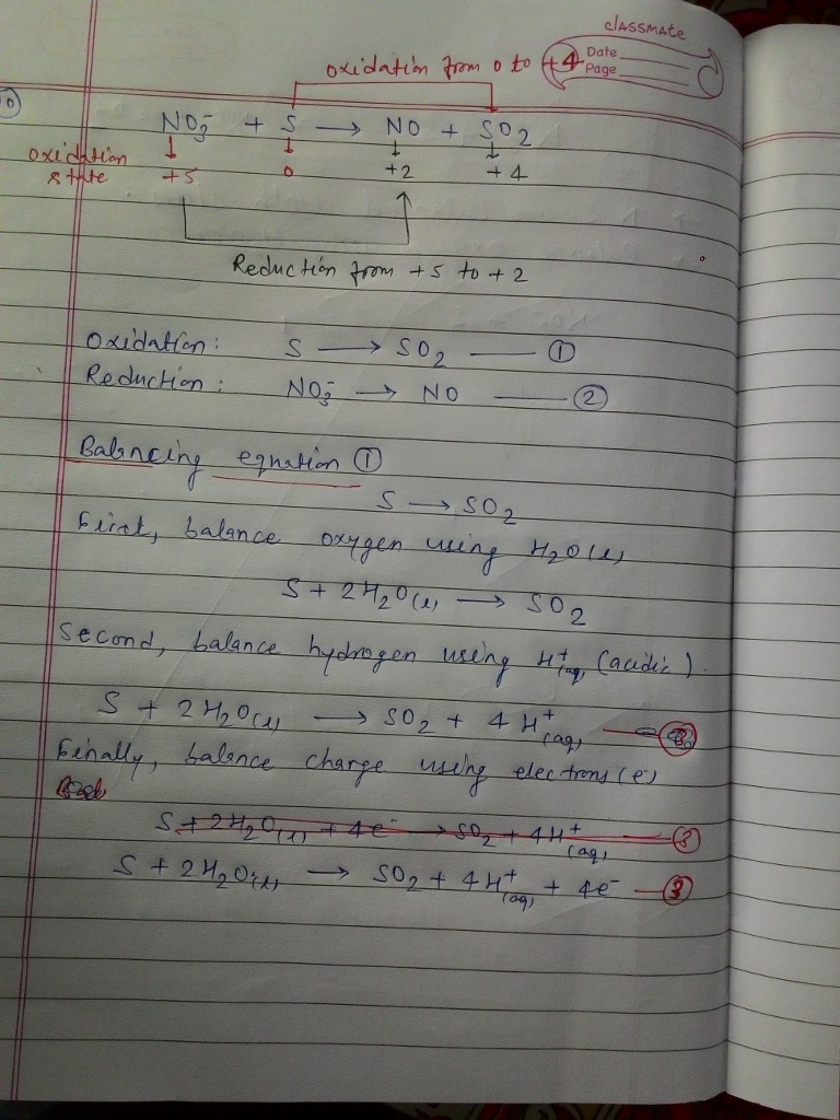 Question & Answer: Balance the following redox reaction under acidic conditions: NO3- + S --> NO + SO2..... 1