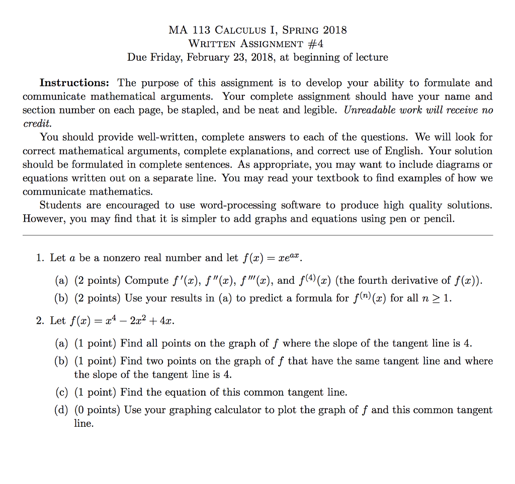 Solved Ma 113 Calculus I Spring 1 Written Assignment Chegg Com