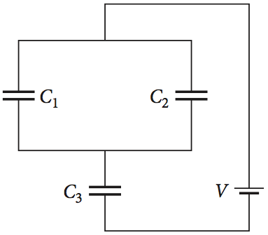 C1​,C2​&C3​ are connected as shown in figure: c1​=24 Fc2​=34 Fc3