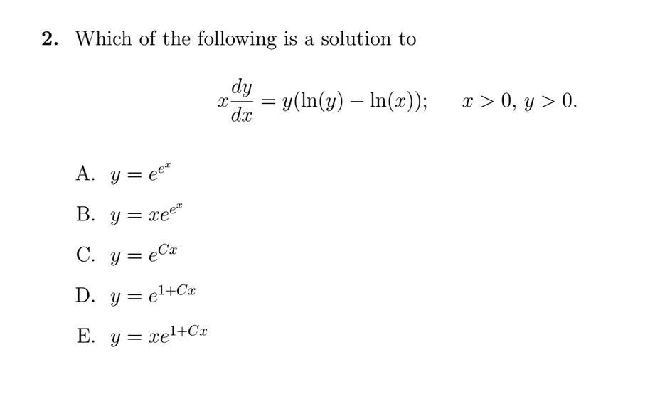 Solved Which Of The Following Is A Solution To X Dy Dx Chegg Com