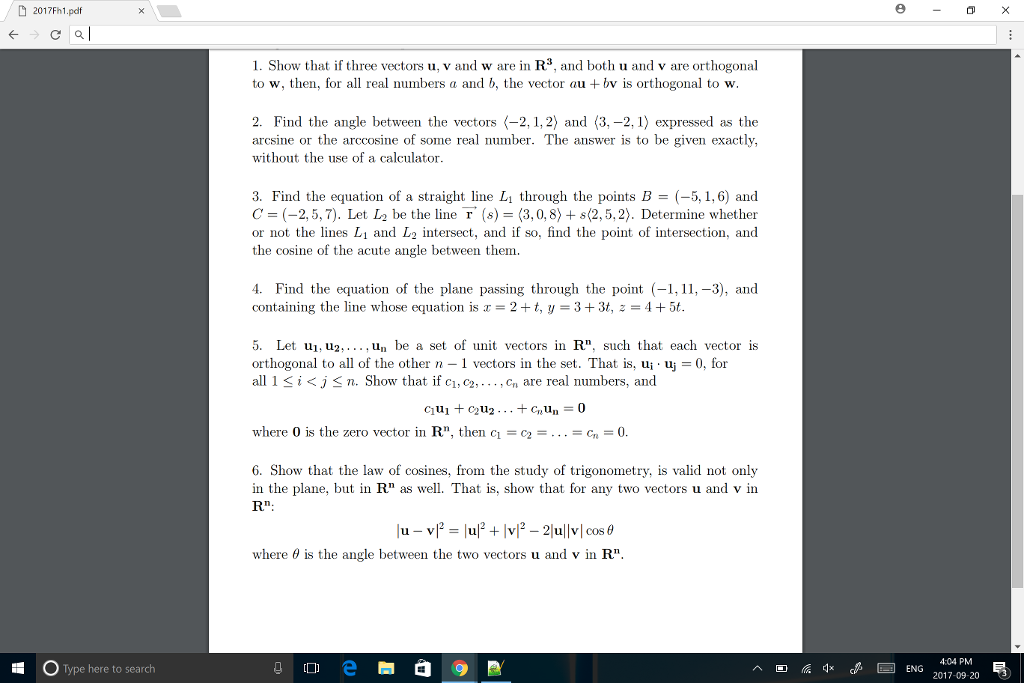 Solved 17fh1 Pdf ぐca 1 Show That If Three Vectors U Chegg Com