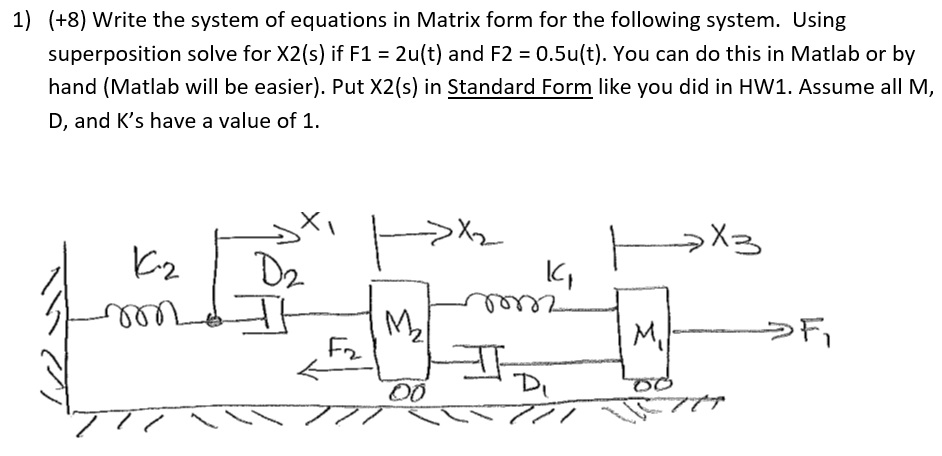1) (+8) Write the system of equations in Matrix form for the following system. Using superposition solve for X2(s) if F1 = 2u(t) and F2 = 0.5u(t). You can do this in Matlab or by hand (Matlab will be easier). Put X2(s) in Standard Form like you did in HW1. Assume all M, D, and Ks have a value of 1 lC Fr
