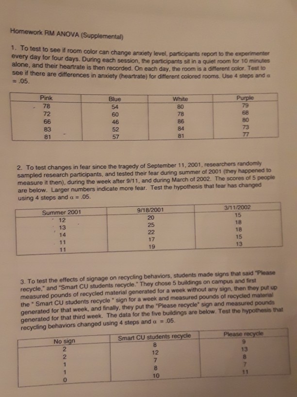 Homework rm anova (supplemental) 1. to test to see if room color can change arxiety level, participants every day for four days. during each session, the participants sit in a alone, and their heartrate is then recorded. on each day, the room is a report to the experimenter quiet room for 10 minutes different color. test to see if there are differences in anxiety (heartrate) for different colored rooms. use 4 steps and a .05. pink . 78 72 purple- 54 60 46 52 57 86 84 81 81 2. to test changes in fear since the tragedy of september 11, 2001, researchers randomly sampled research participants, and tested their fear during summer measure it then), during the week after 9/11, and during march of 2002. the scores of 5 people are below. larger numbers indicate more fear. test the hypothesis that fear has changed using 4 steps and .05. of 2001 (they happened to summer 2001 12 13 14 9/18/2001 25 17 3/11/2002 15 18 18 15 13 19 3. to test the effects of signage on recycling behaviors, students made signs that said please recycle, and smart cu students recycle. they chose 5 buildings on campus and first measured pounds of recycled material generated for a week without any sign, then they put up the smart cu students recycle sign for a week and measured pounds of recycled material generated for that week, and finally, they put the please recycle sign and measured pounds generated for that third week. the data for the five buildings are below. test the hypothesis that recycling behaviors changed using 4 steps and a -.05. smart cu students recycle please recycle 12 13 2 10