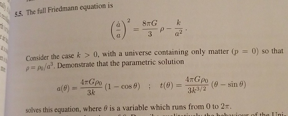 Solved 5 5 The Full Friedmann Equation Is 2 Consider T Chegg Com