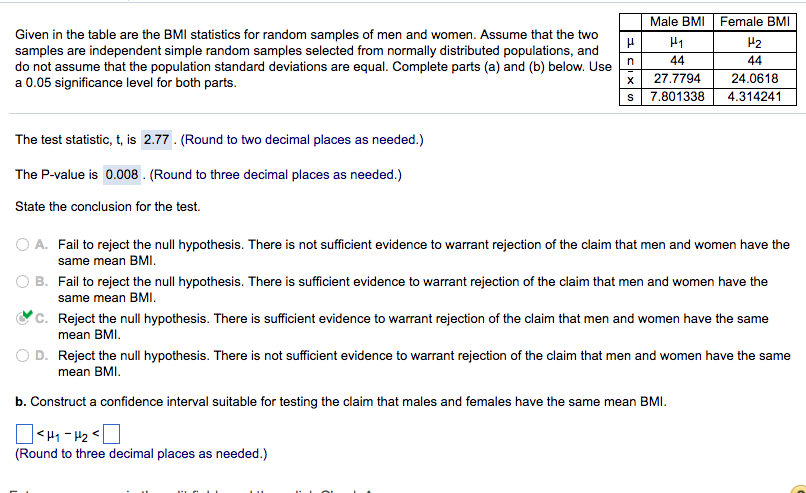 Solved Given In The Table Are The Bmi Statistics For Rand