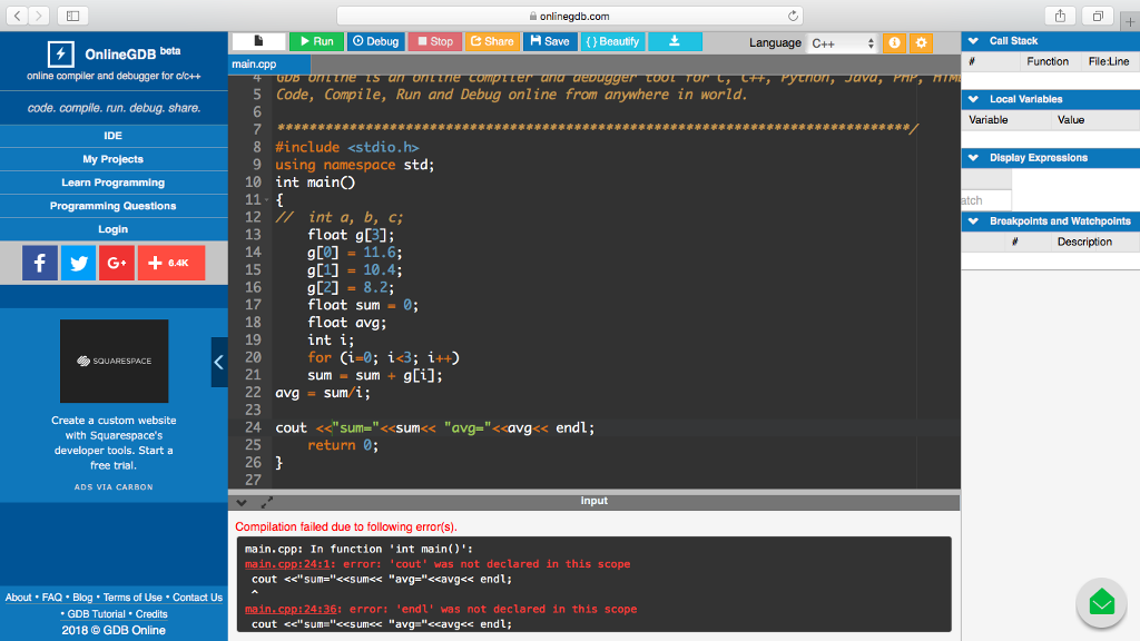 Solved Im Using Onlinegbdcom To Do An Assignment For My Onlinegdbcom Run O Debug Stop Share Save Beautify Language C Call