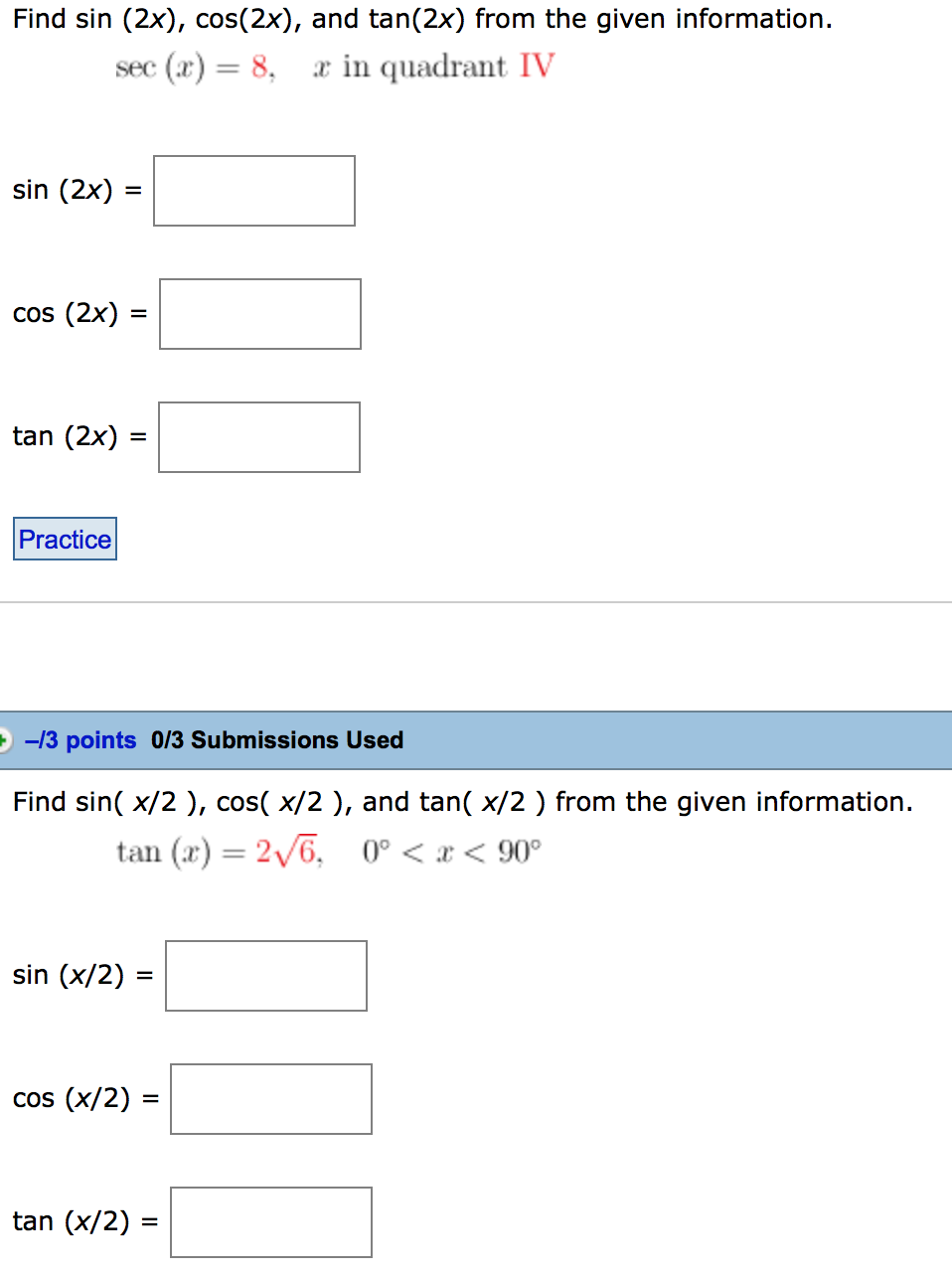 Solved Find Sin 2x Cos 2x And Tan 2x From The Given Chegg Com