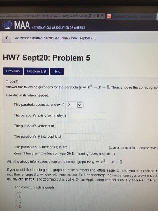 Solved Answer The Following Questions For The Parabola Y Chegg Com