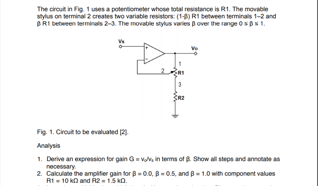 Solved 1 Derive An Expression For Gain G Vo Vs In Term Chegg Com