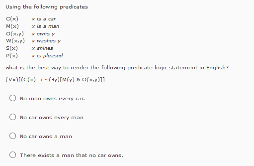 Solved Using The Following Predicates C X X Is A Car M X Chegg Com