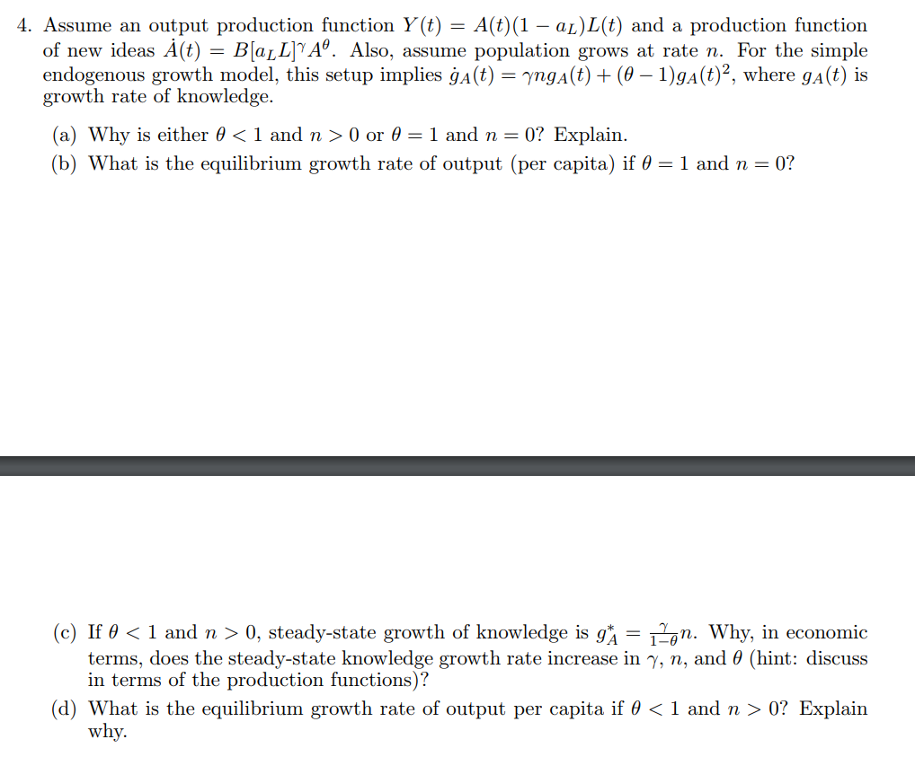 4 Assume An Output Production Function Y T A T Chegg Com