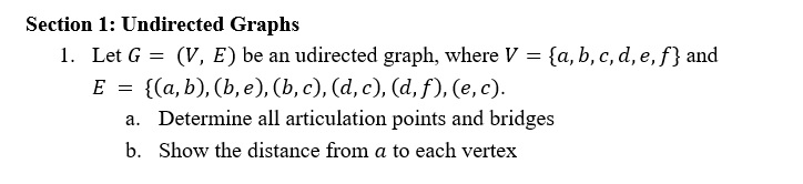 Section 1: Undirected Graphs I. Let G = (V, E) be an udirected graph, where V = {a, b, c, d, e, f)and E = {(a, b), (b, e), (b,c), (d,e), (d,f), (e,e), Determine all articulation points and bridges Show the distance from a to each vertex a. b.