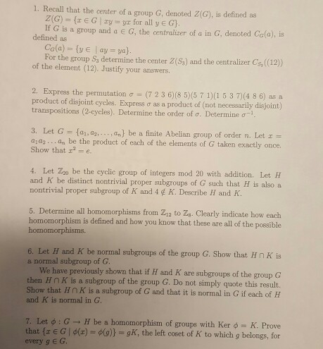Recall That The Center Of A Group G Denoted Z G Chegg Com