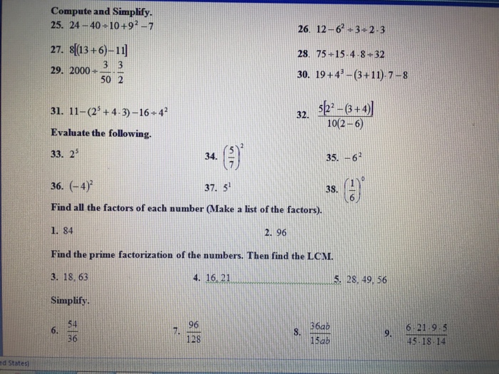 Solved Compute and Simplify. 24 -40 10 + 9^2 -7 12-6^2 3