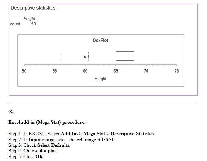 Descriptive statistics Height- count 50 BoxPlot 50 60 65 70 75 Height Excel add-in (Mega Stat) procedure: Step 1: In EXCEL, S