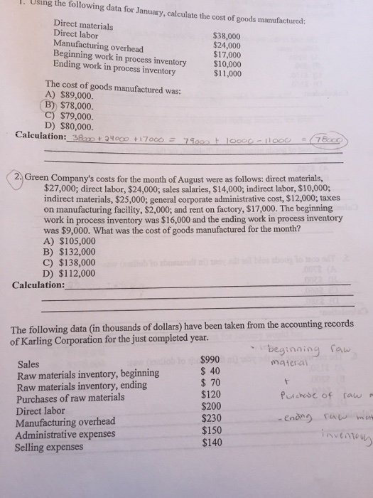 Solved l. Using the following data for January, calculate | Chegg.com
