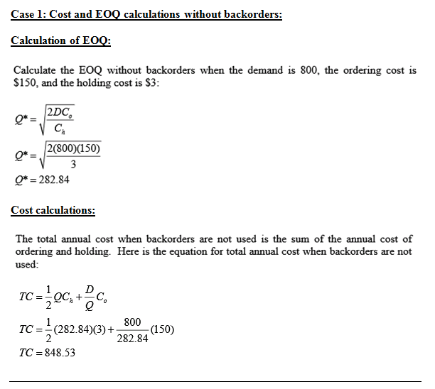 Case l: Cost and EOQ calculations without backorders: Calculate the EOQ without backorders when the demand is 800, the orderi