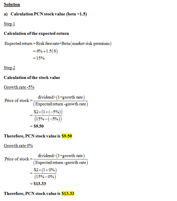 Solutioin a) Calculation PCN stockvalue (beta -1.5) Step 1 Calculation of the expected return Expected return-Risk free rate+