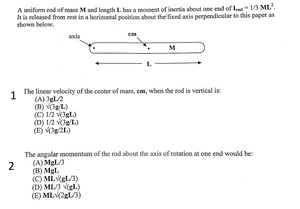 Solved A Uniform Rod Of Mass M And Length L Has A Moment Chegg Com