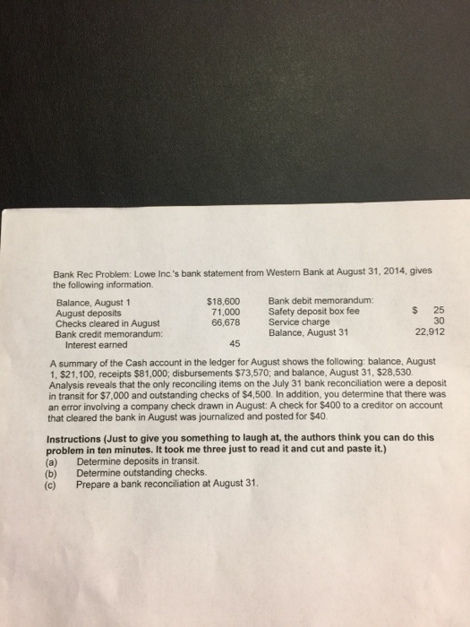 Solved Bank Rec Problem Lowe Inc S Bank Statement From W