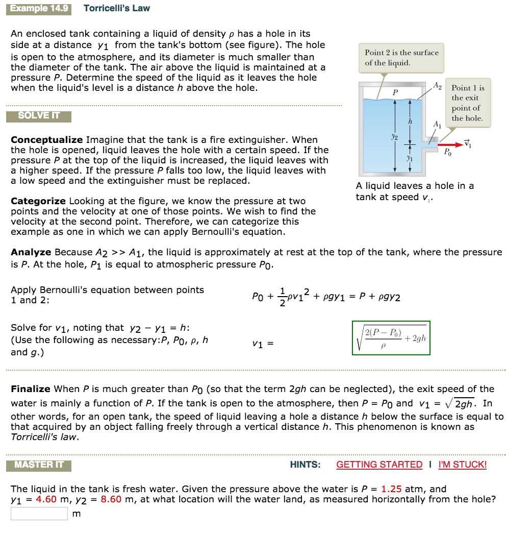 Image for an enclosed tank containing a liquid of density p has a hole in its side at a distance i from the tank?s botto