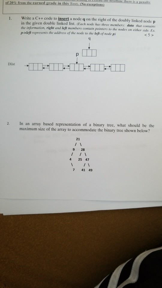 of 20% from the earned grade in this Test). (No exceptions) Write a C++ code to insert a node q on the right of the doubly linked node p in the given double linked list. (Each node has three members: data that contains the information, p->left represents the address of the node to the left of node p) 1. right and left members contain pointers to the nodes on either side. Ex. Dlist In an array based representation of a binary tree, what should be the maximum size of the array to accommodate the binary tree shown below? 2. 21 9 28 4 25 47 7 41 49