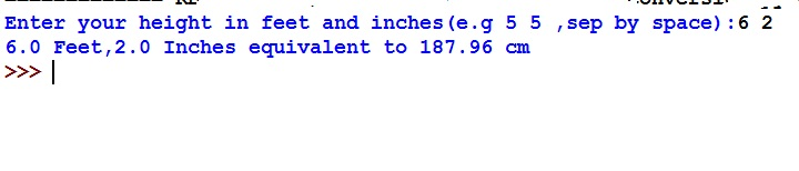 Enter your height in feet and inches (e.g 5 5 ,sep by space)
6.0 Feet,2.0 Inches equivalent to 187.96 cm