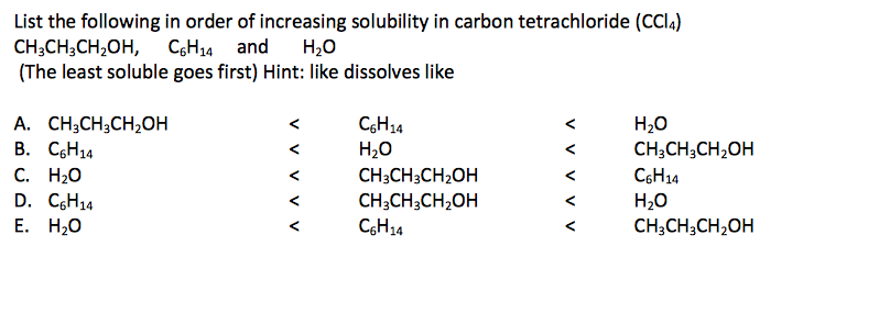 Solved List The Following In Order Of Increasing Solubility Chegg Com