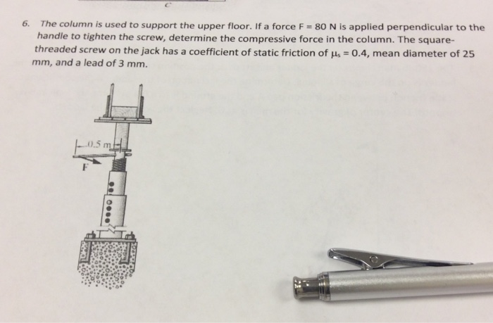 Image for 6. The column Is used to support the upper floor. If a force F = 80 N Is applied perpendicular to the handle t